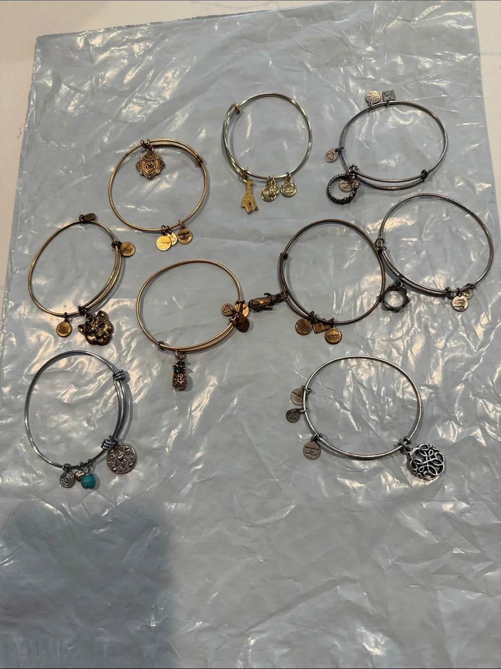 Alex and Ani Mixed Metal Charm Bangle Set  of 9 bracelets in Gold silver copper